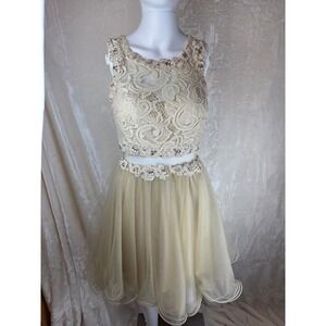 Cream Lace Beaded Two Piece Skirt Dress Women's Size S